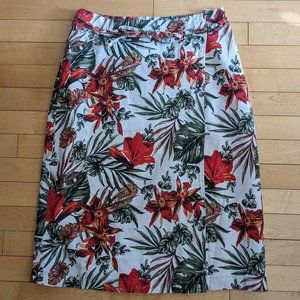 Vintage Red White Tropical Floral Midi Pencil Skirt, Slit, Size 38 Medium Large